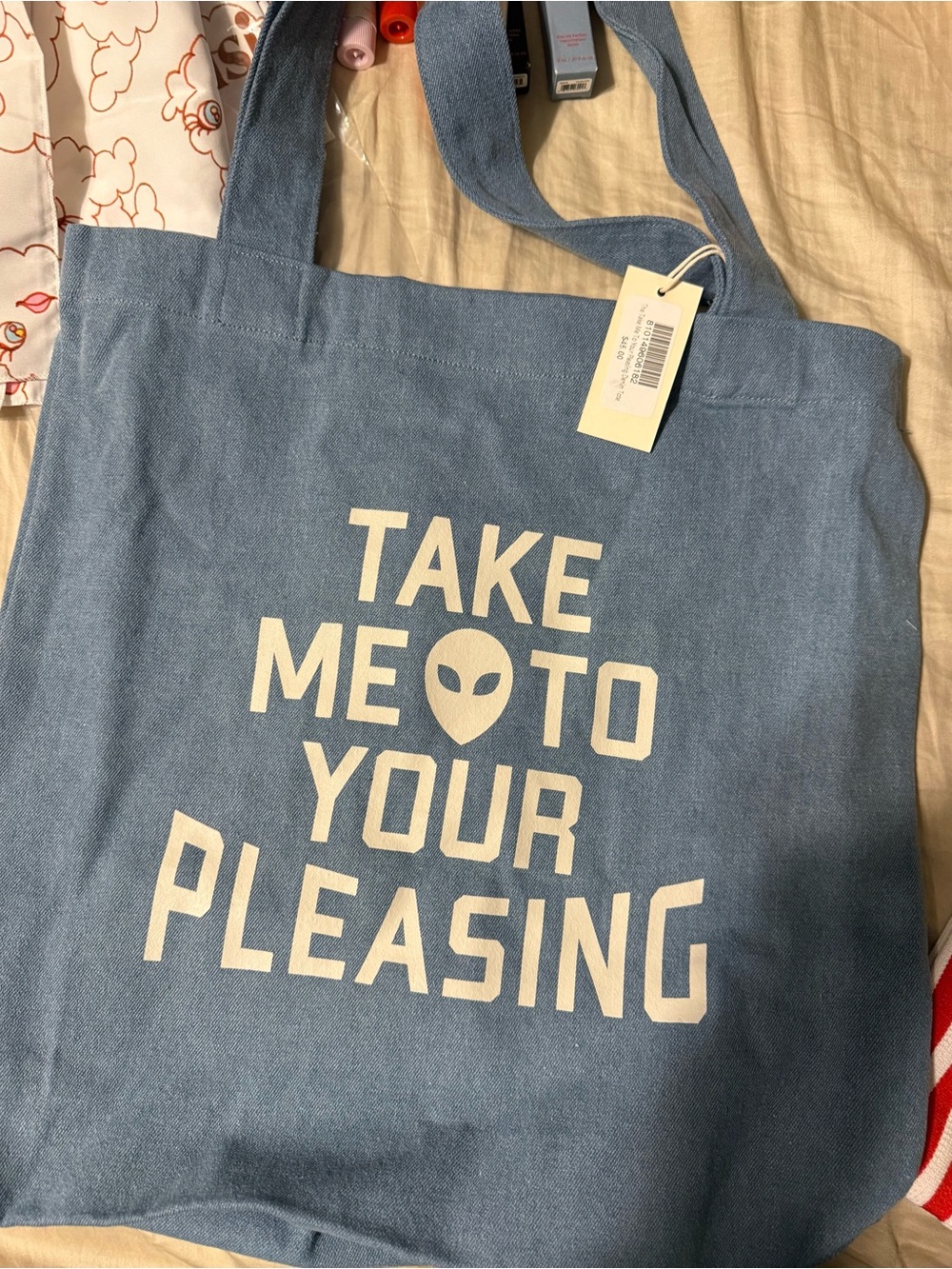 Blue Jean Graphic Canvas Tote Bag - Take Me To Your Pleasing